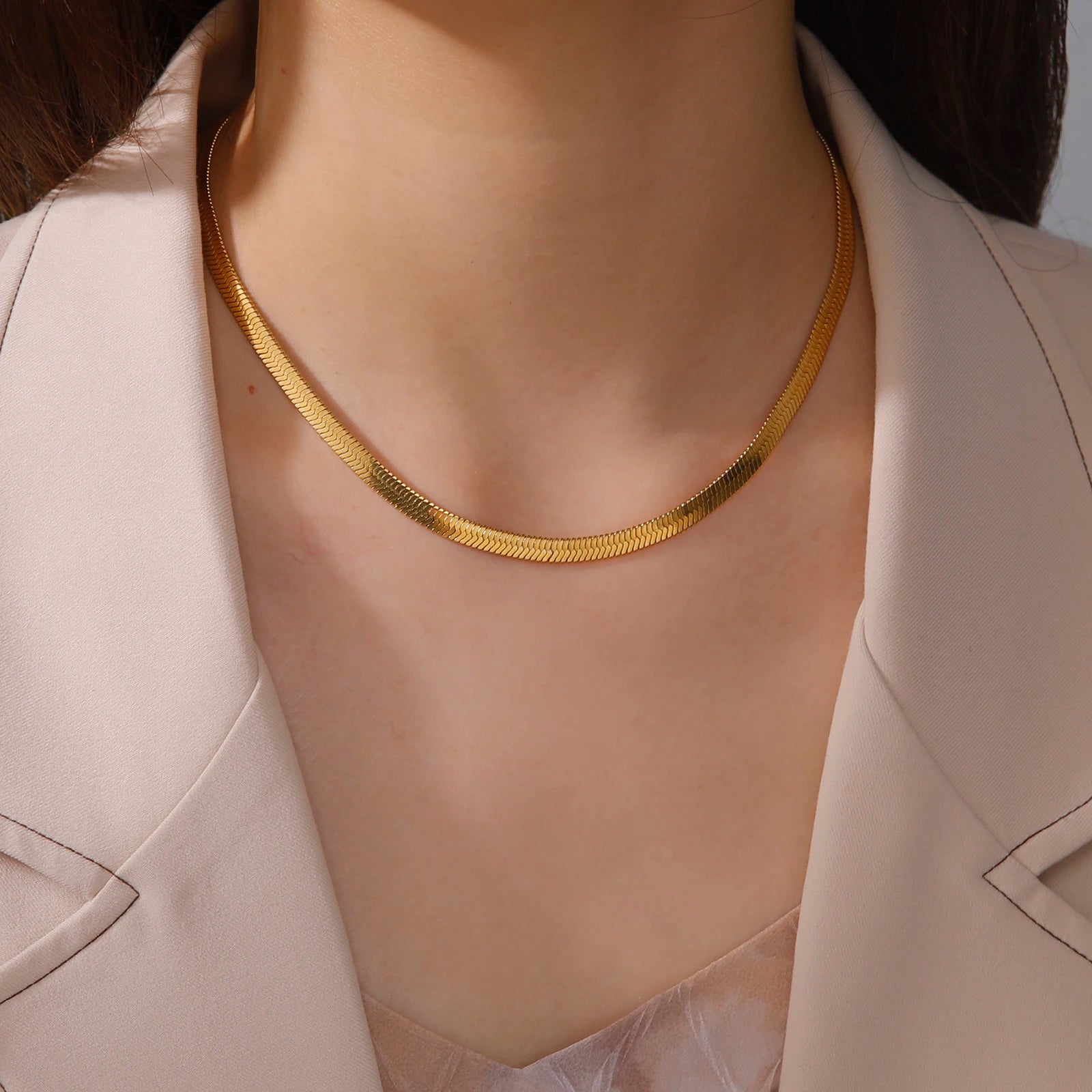 Skyrim-Inspired Gold Herringbone Choker, Trendy Stainless Steel Snake Chain Necklace for All - Golden Butterfly Jewellery